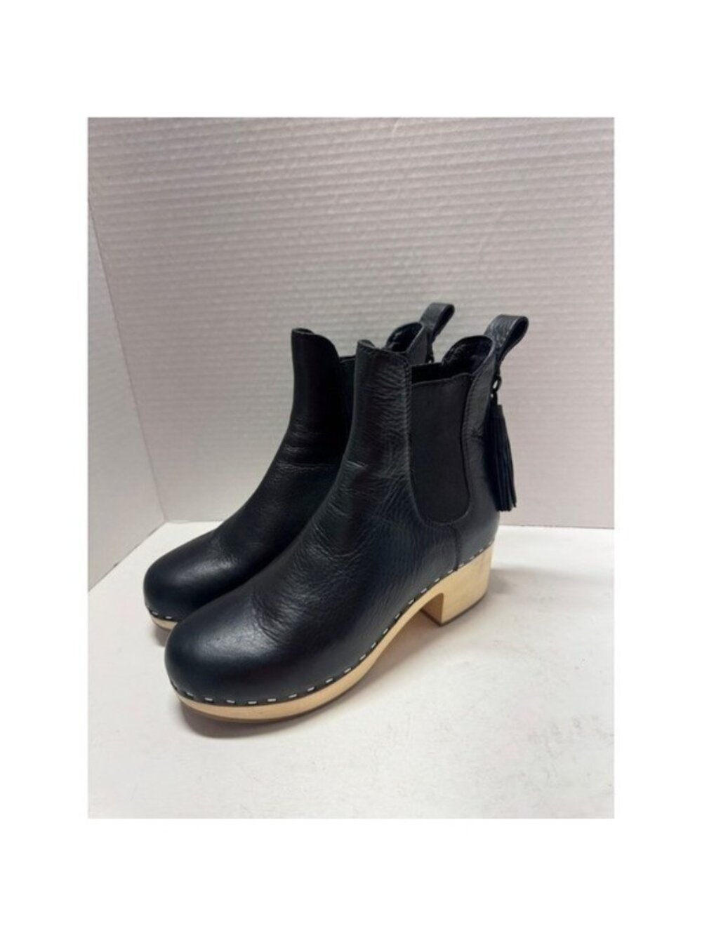 Loeffler Randall Black Leather Tassel Clog Chelsea Boots Wood Heel Studded 5